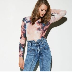 Bardot Tie-Dye Long Sleeves Mock Neck Retro Sheer Lightweight‎ Mesh Top Small